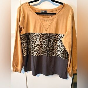 Sheilay Colorblock Leopard Panel Long Sleeve Top - Mustard, Leopard, gray